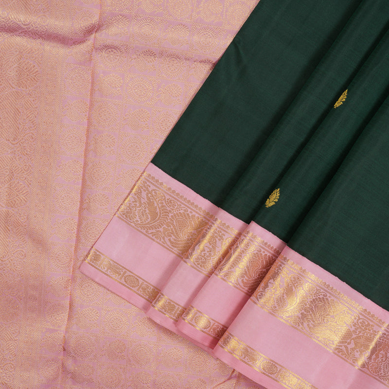 Hayagrivas Handloom Bottle Green Kanjivaram Silk Saree with Baby Pink Border KBE1156I5-1