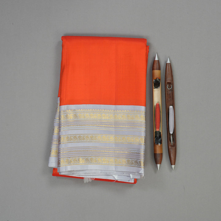 Hayagrivas Handloom Fanta Orange Kanjivaram Silk Saree with Bluish Grey Border KBE1158I8-1