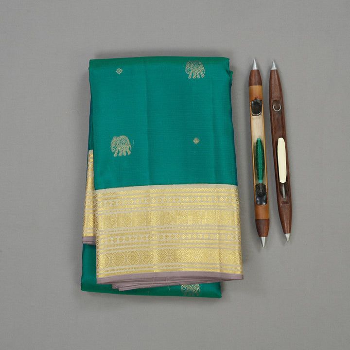 Hayagrivas Handloom Rama Green Kanjivaram Silk Saree with Half White Border KBE1160I7-1