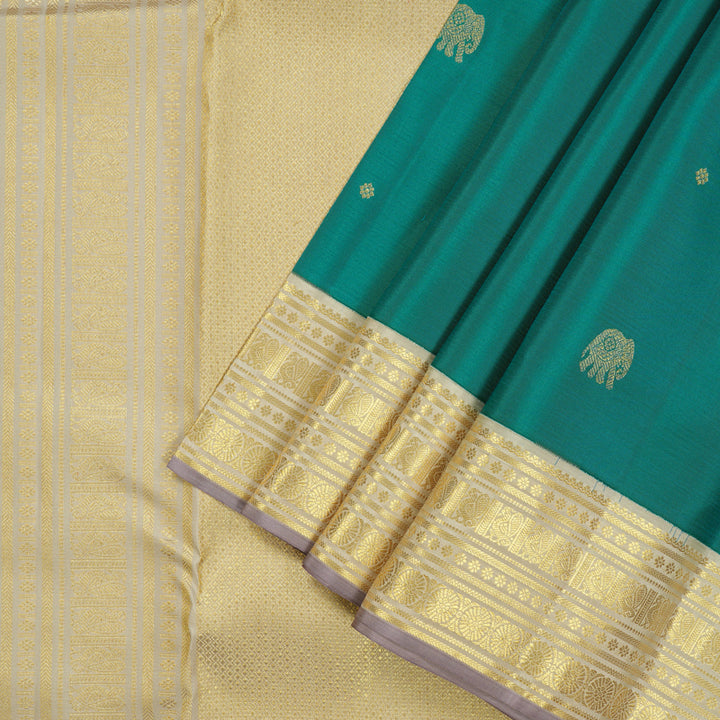 Hayagrivas Handloom Rama Green Kanjivaram Silk Saree with Half White Border KBE1160I7-1