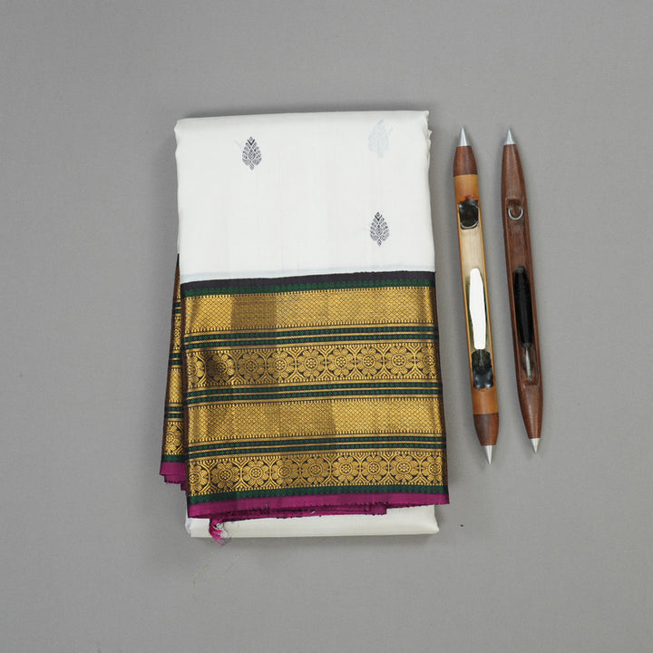 Hayagrivas Handloom White Kanjivaram Silk Saree with Deep Snuff border KBE1165I4-1