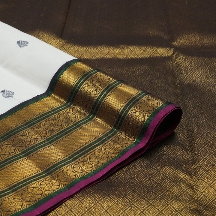 Hayagrivas Handloom White Kanjivaram Silk Saree with Deep Snuff border KBE1165I4-1