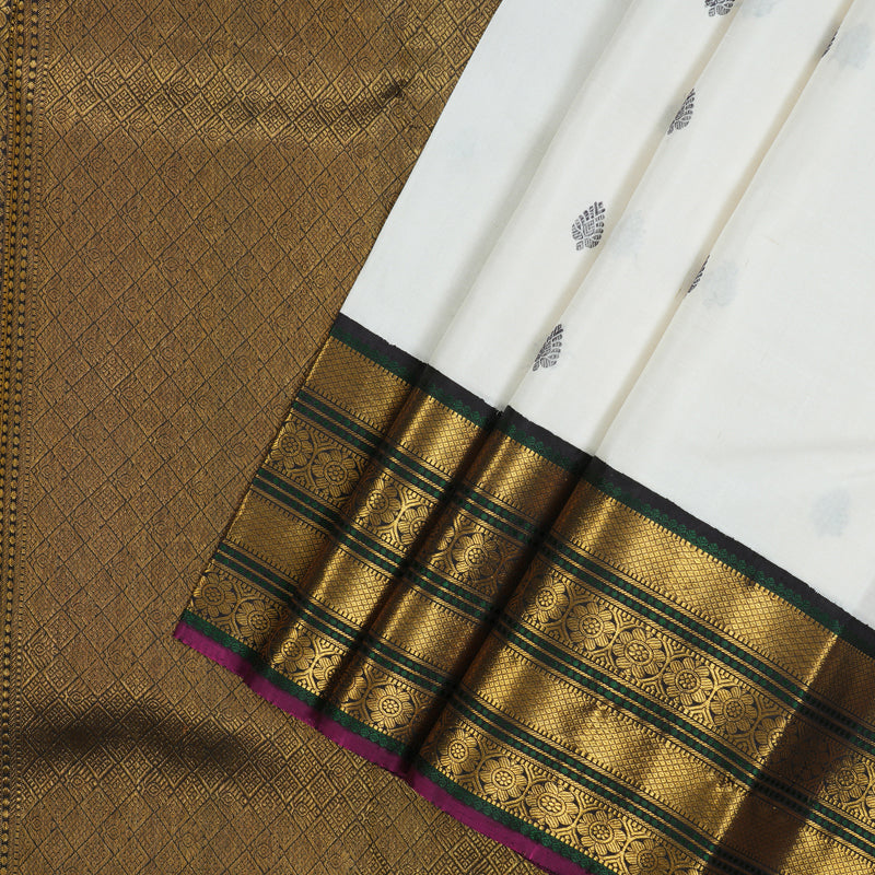 Hayagrivas Handloom White Kanjivaram Silk Saree with Deep Snuff border KBE1165I4-1