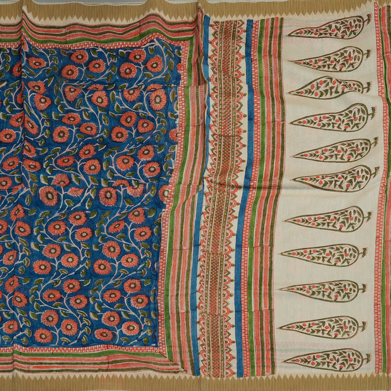 Hayagrivas Peacock Blue Pure Cotton Saree with Beige Border KBE1169I1-56