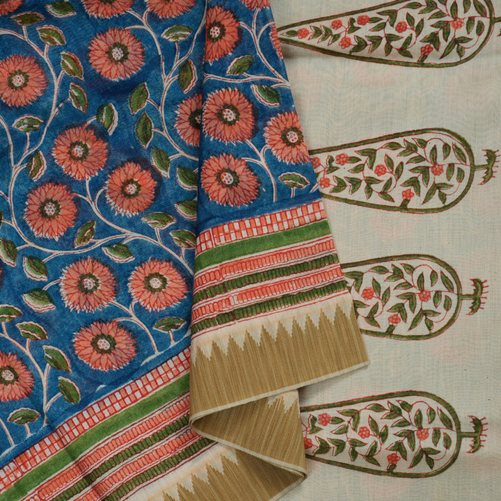 Hayagrivas Peacock Blue Pure Cotton Saree with Beige Border KBE1169I1-56