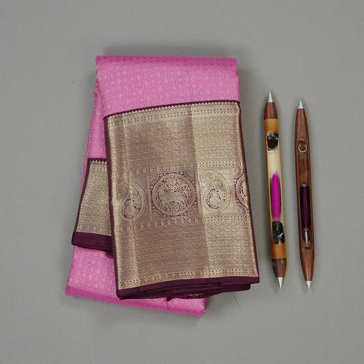 Hayagrivas Rose Pink Handloom Kanjivaram Silk Saree with Plum Purple Border KBE116D1-1