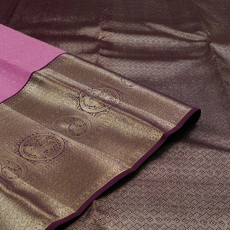 Hayagrivas Rose Pink Handloom Kanjivaram Silk Saree with Plum Purple Border KBE116D1-1