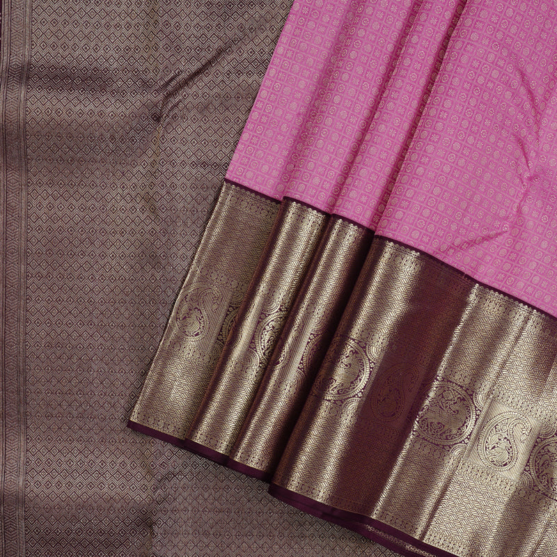 Hayagrivas Rose Pink Handloom Kanjivaram Silk Saree with Plum Purple Border KBE116D1-1