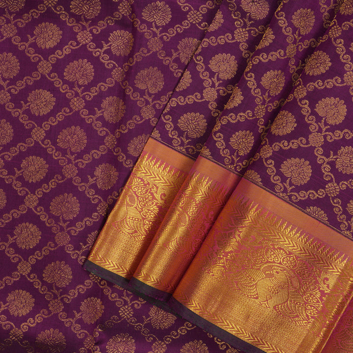 Hayagrivas Handloom Purple Kanjivaram Pattu Pavadai with Golden Orange Border KBE1171I1-1