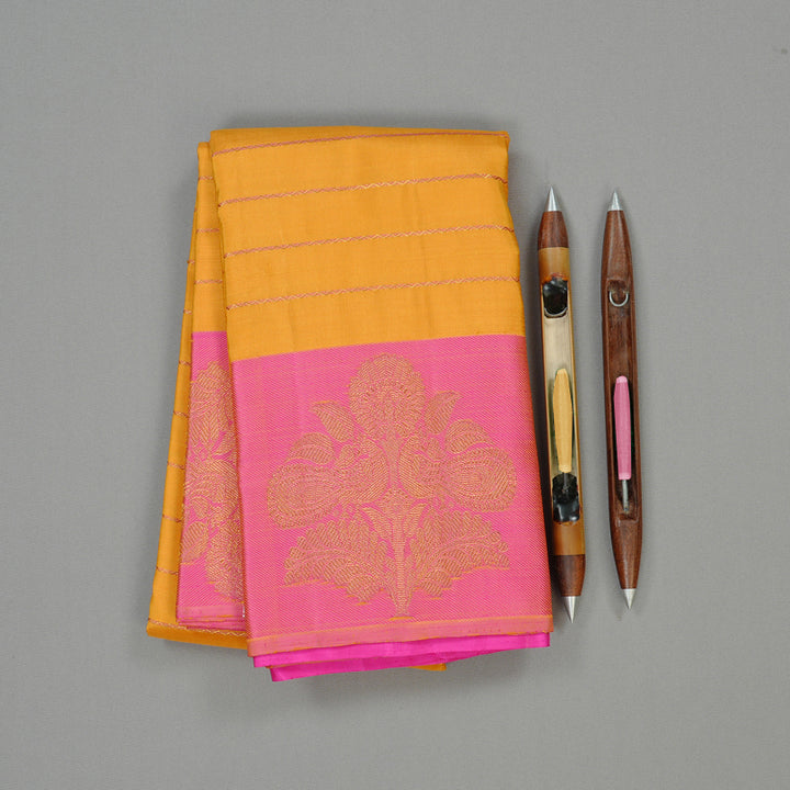 Hayagrivas Mustard Yellow Handloom Kanjivaram Silk Saree with Pink Border KBE118D1-1