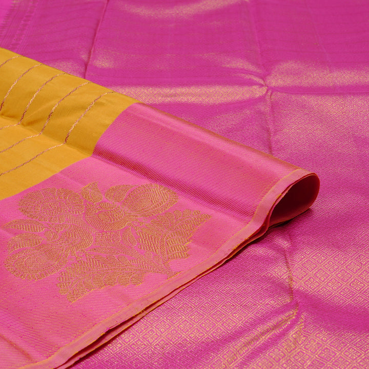 Hayagrivas Mustard Yellow Handloom Kanjivaram Silk Saree with Pink Border KBE118D1-1