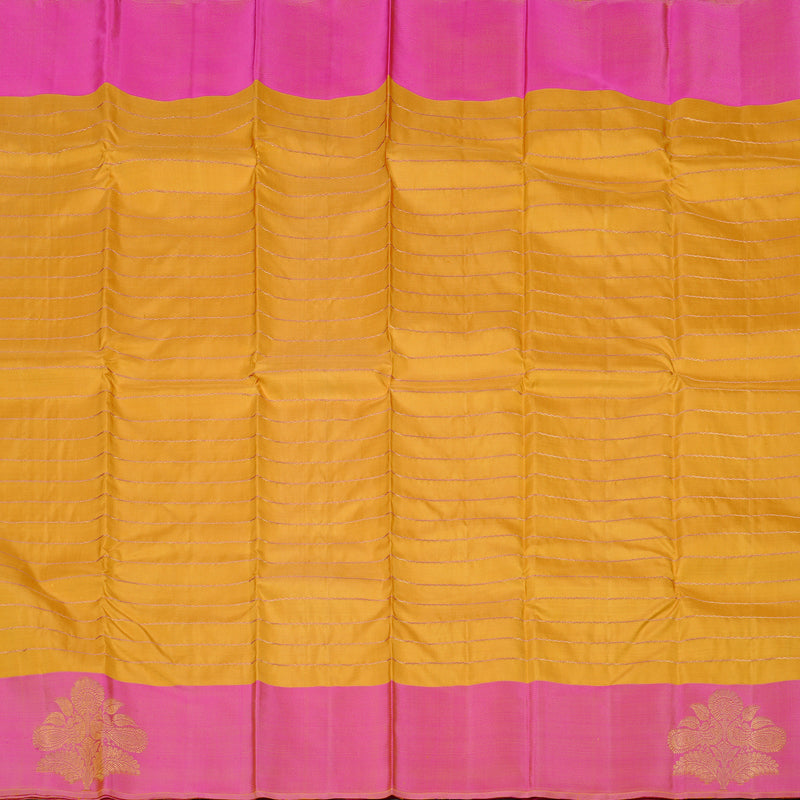 Hayagrivas Mustard Yellow Handloom Kanjivaram Silk Saree with Pink Border KBE118D1-1
