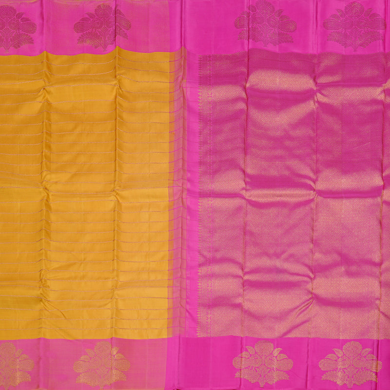 Hayagrivas Mustard Yellow Handloom Kanjivaram Silk Saree with Pink Border KBE118D1-1