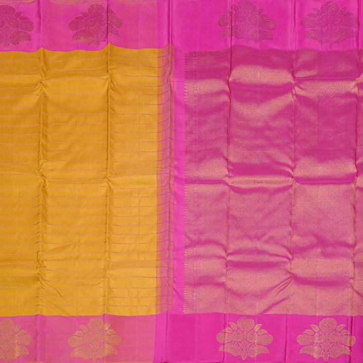 Hayagrivas Mustard Yellow Handloom Kanjivaram Silk Saree with Pink Border KBE118D1-1