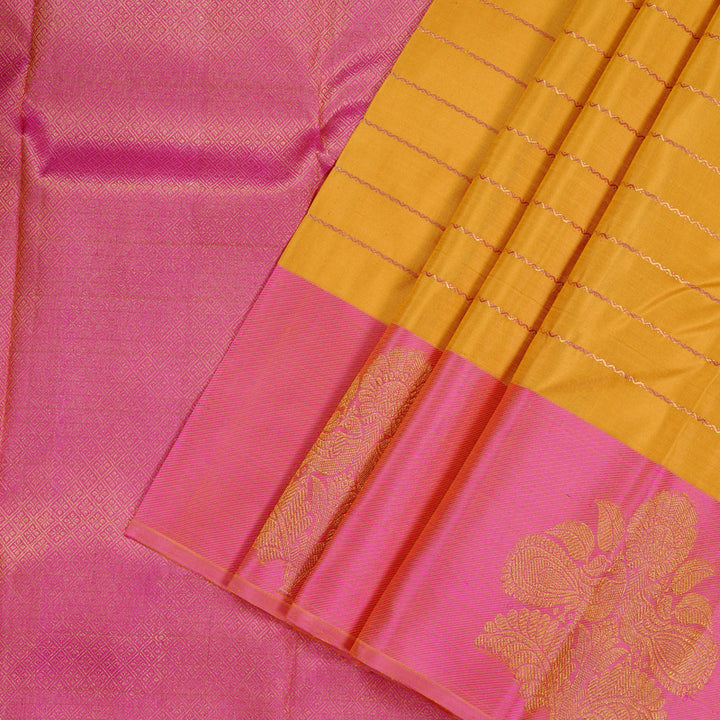 Hayagrivas Mustard Yellow Handloom Kanjivaram Silk Saree with Pink Border KBE118D1-1