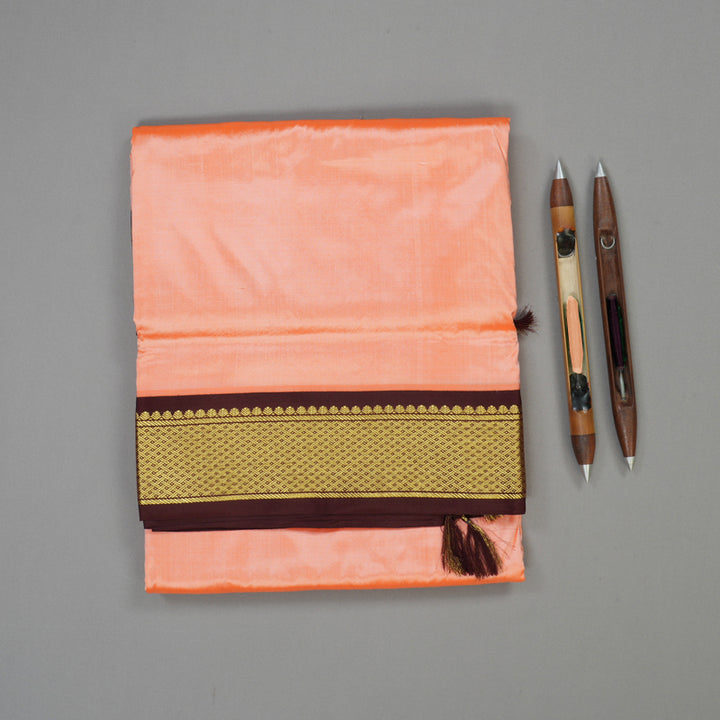 Hayagrivas Peach Orange Pure Ten Yards Silk Saree with Deep Brown border KBE1191I1-27