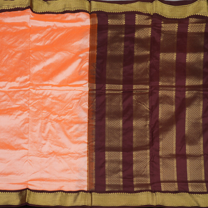 Hayagrivas Peach Orange Pure Ten Yards Silk Saree with Deep Brown border KBE1191I1-27