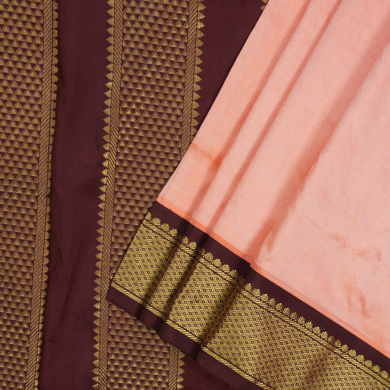 Hayagrivas Peach Orange Pure Ten Yards Silk Saree with Deep Brown border KBE1191I1-27