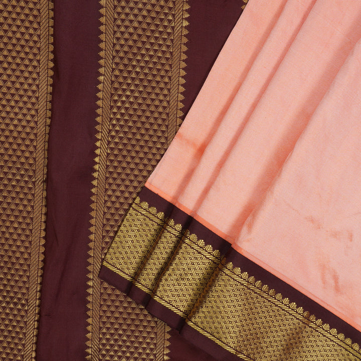 Hayagrivas Peach Orange Pure Ten Yards Silk Saree with Deep Brown border KBE1191I1-27