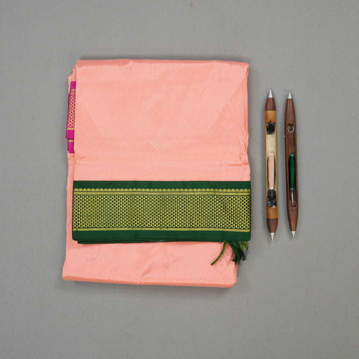 Hayagrivas Handloom Peach Pink Ten Yards Kanjivaram Silk Saree with Bottle Green & Rani Pink Border KBE1191I1-46