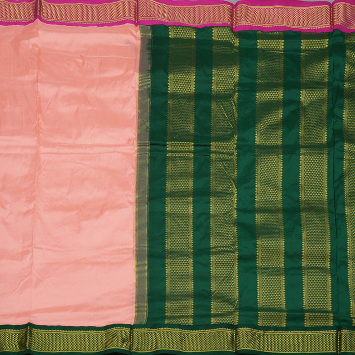 Hayagrivas Handloom Peach Pink Ten Yards Kanjivaram Silk Saree with Bottle Green & Rani Pink Border KBE1191I1-46