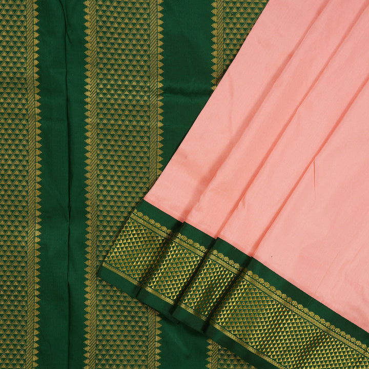 Hayagrivas Handloom Peach Pink Ten Yards Kanjivaram Silk Saree with Bottle Green & Rani Pink Border KBE1191I1-46