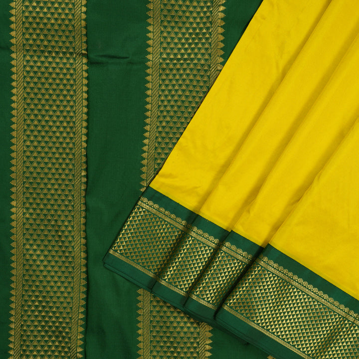 Hayagrivas Handloom Lemon Yellow Ten Yards Kanjivaram Silk Saree with Bottle Green Border KBE1191I1-65