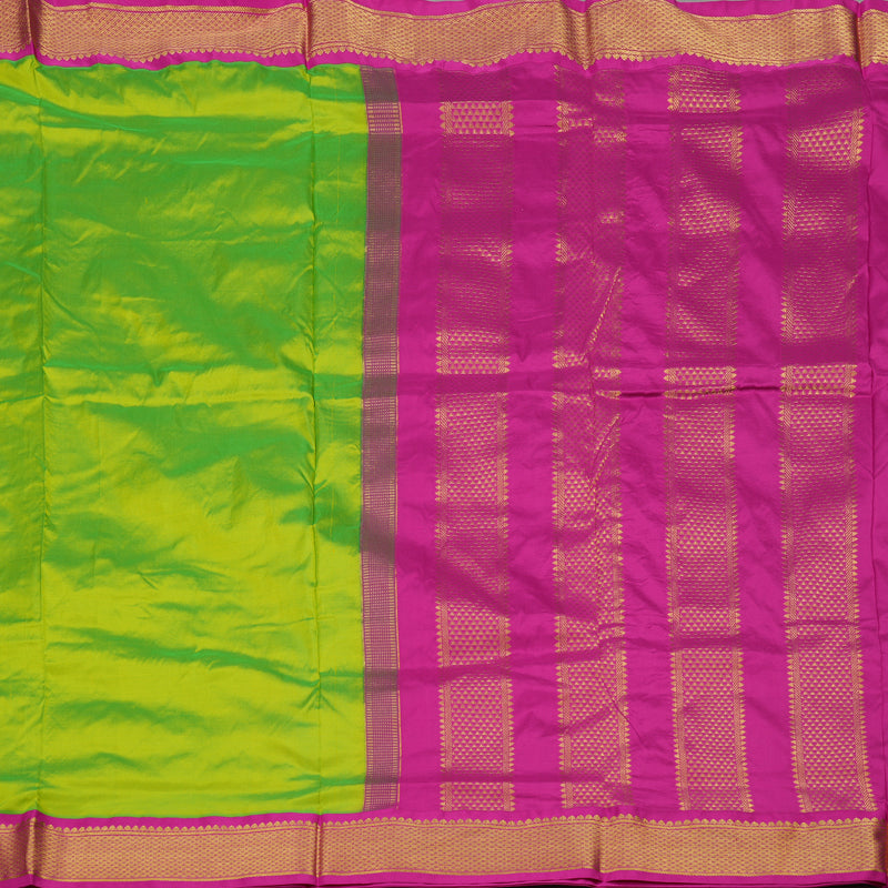 Hayagrivas Handloom Fluorescent Green Ten Yards Kanjivaram Silk Saree with Rani Pink Border KBE1191I1-66