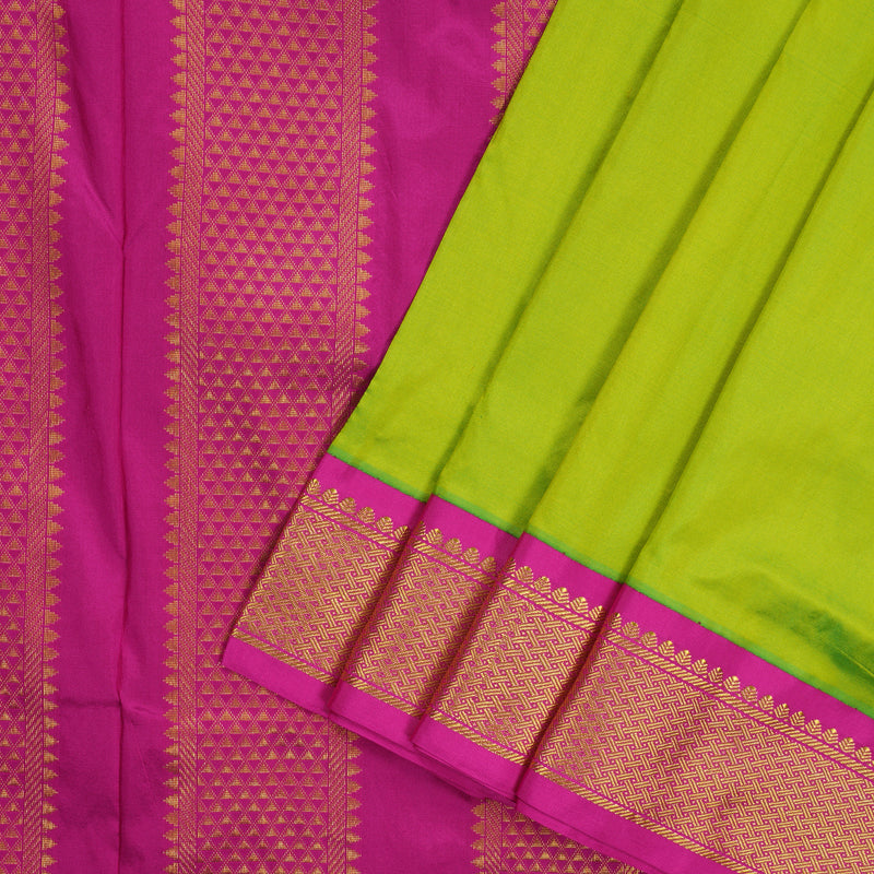 Hayagrivas Handloom Fluorescent Green Ten Yards Kanjivaram Silk Saree with Rani Pink Border KBE1191I1-66