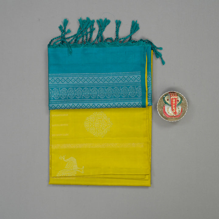 Hayagrivas Lime Yellow Pure Soft Silk Saree KBE1195I19-1