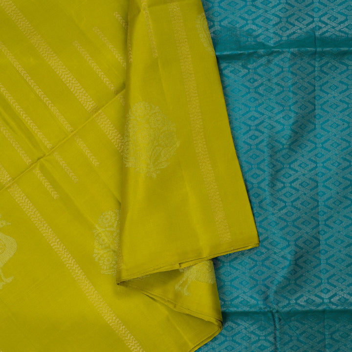 Hayagrivas Lime Yellow Pure Soft Silk Saree KBE1195I19-1