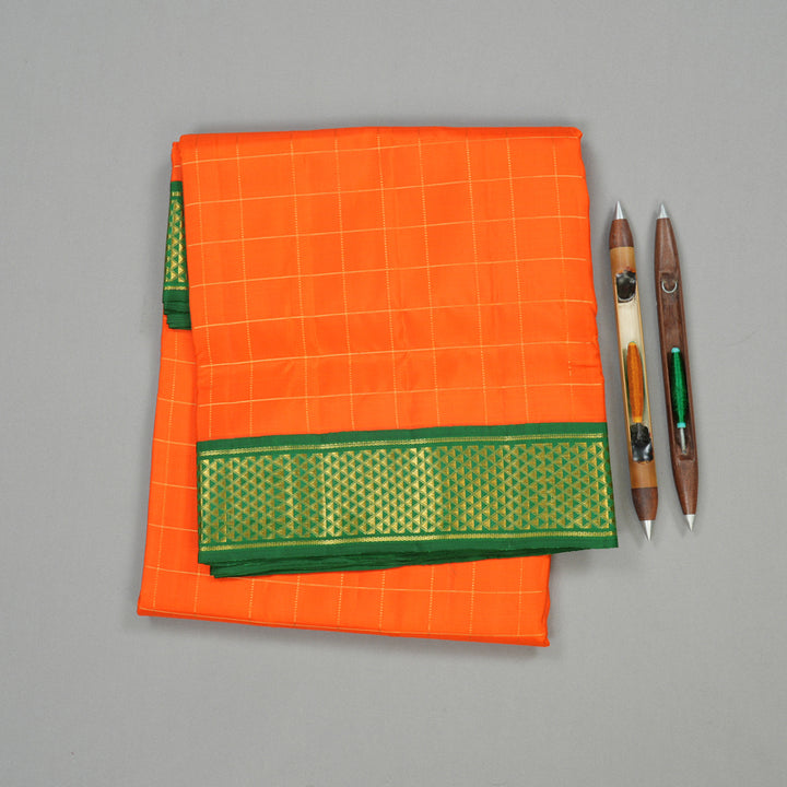 Hayagrivas Orange Handloom Kanjivaram Ten Yards Silk Saree with Dark Green Border KBE119D11-1