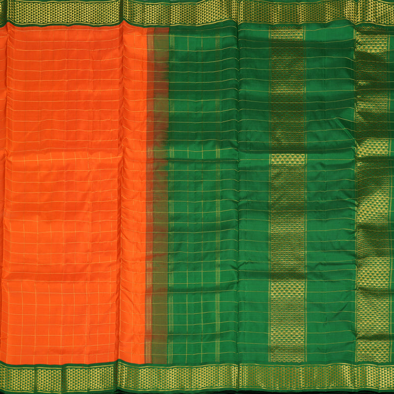 Hayagrivas Orange Handloom Kanjivaram Ten Yards Silk Saree with Dark Green Border KBE119D11-1