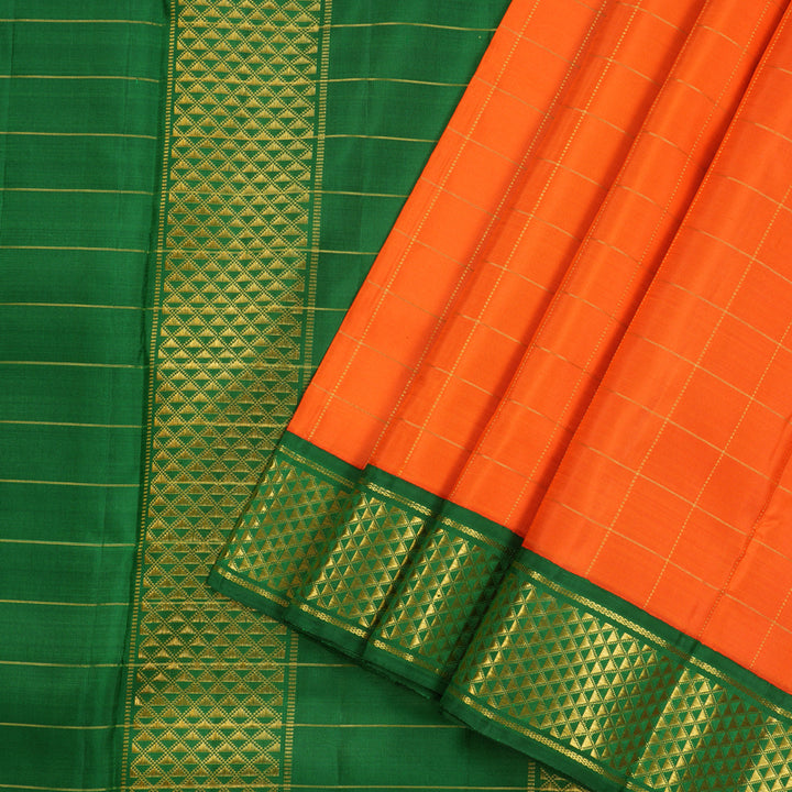 Hayagrivas Orange Handloom Kanjivaram Ten Yards Silk Saree with Dark Green Border KBE119D11-1