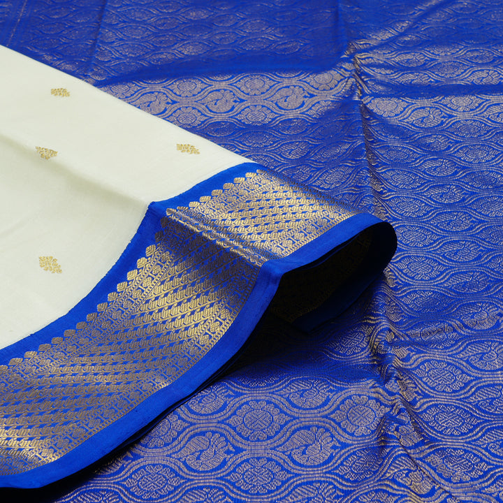 Hayagrivas White Handloom Kanjivaram Silk Saree with Blue Border KBE119D2-1