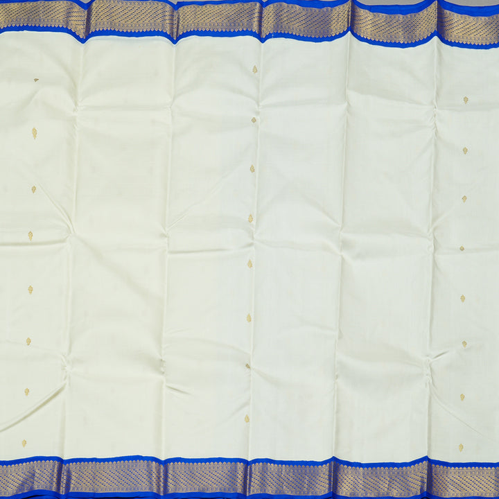 Hayagrivas White Handloom Kanjivaram Silk Saree with Blue Border KBE119D2-1