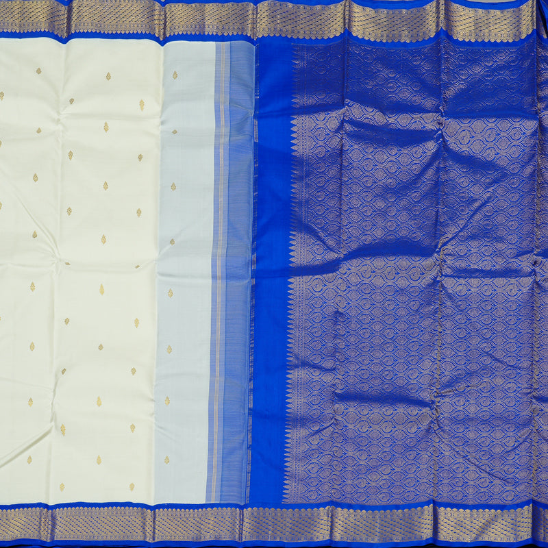 Hayagrivas White Handloom Kanjivaram Silk Saree with Blue Border KBE119D2-1