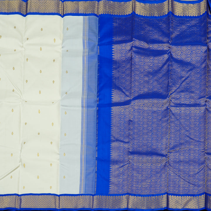 Hayagrivas White Handloom Kanjivaram Silk Saree with Blue Border KBE119D2-1