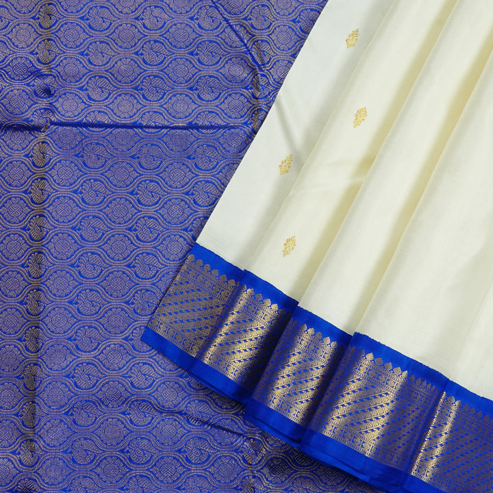 Hayagrivas White Handloom Kanjivaram Silk Saree with Blue Border KBE119D2-1