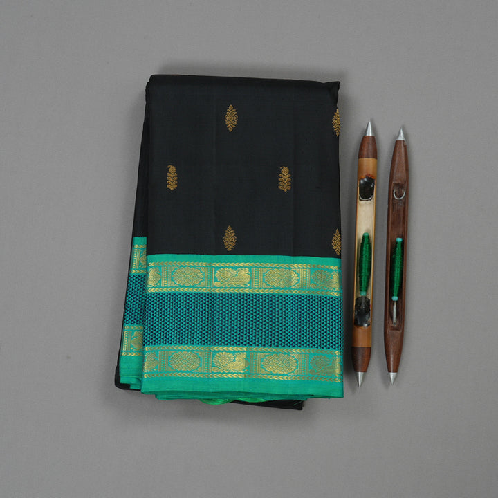 Hayagrivas Black Handloom Kanjivaram Silk Saree with Sea Green Border KBE119D5-1