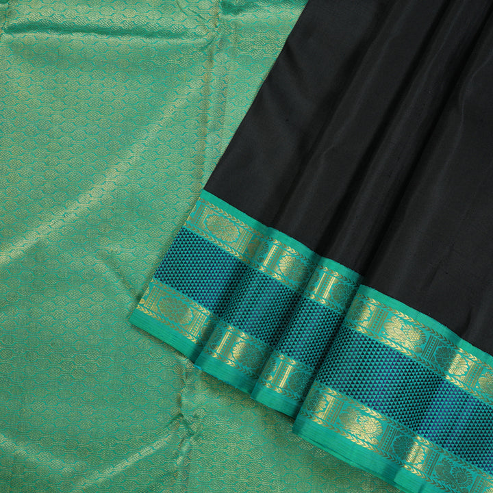 Hayagrivas Black Handloom Kanjivaram Silk Saree with Sea Green Border KBE119D5-1