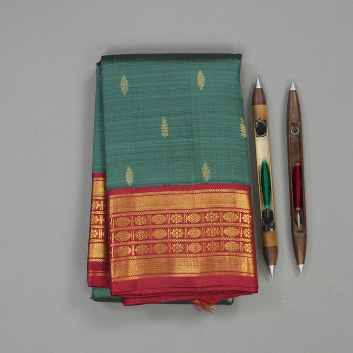 Hayagrivas Handloom Kanjivaram silk saree in soothing  pastel green with maroon Korvai contrast KBE119D7-1