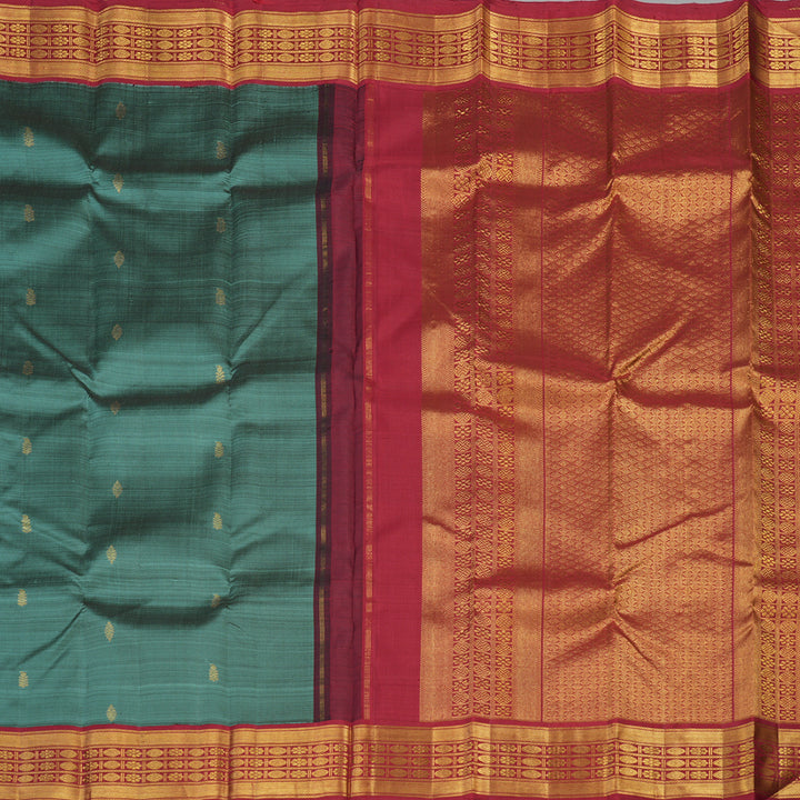 Hayagrivas Handloom Kanjivaram silk saree in soothing  pastel green with maroon Korvai contrast KBE119D7-1