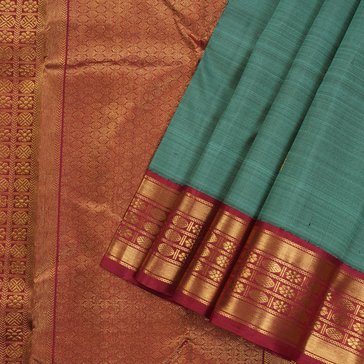 Hayagrivas Handloom Kanjivaram silk saree in soothing  pastel green with maroon Korvai contrast KBE119D7-1