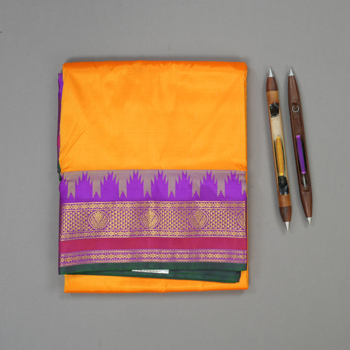 Hayagrivas Mango Orange Pure Ten Yards Silk Saree with Purple border KBE1204I1-2