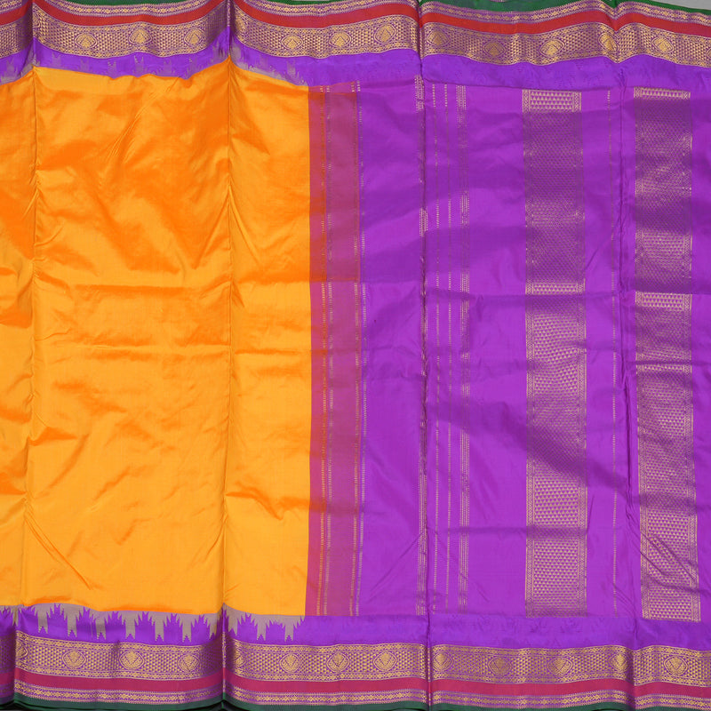 Hayagrivas Mango Orange Pure Ten Yards Silk Saree with Purple border KBE1204I1-2