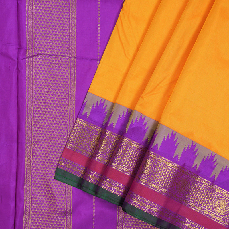 Hayagrivas Mango Orange Pure Ten Yards Silk Saree with Purple border KBE1204I1-2