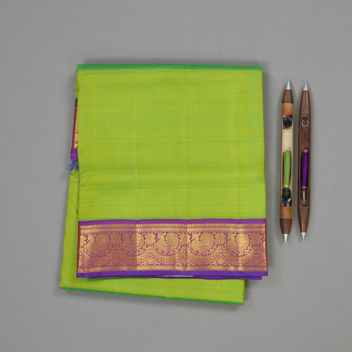 Hayagrivas Handloom Fluorescent Green Kanjivaram Ten Yards Silk Saree with Purple Border KBE1206I1-3