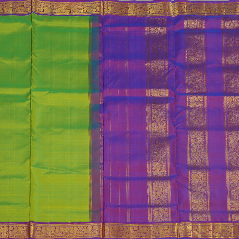 Hayagrivas Handloom Fluorescent Green Kanjivaram Ten Yards Silk Saree with Purple Border KBE1206I1-3