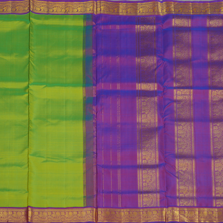 Hayagrivas Handloom Fluorescent Green Kanjivaram Ten Yards Silk Saree with Purple Border KBE1206I1-3
